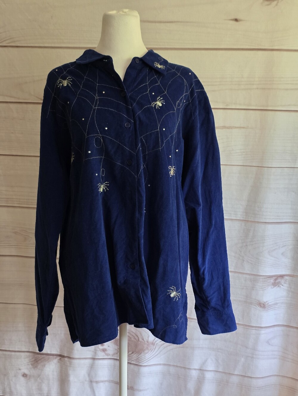 Quacker Factory Navy ButtonUp with Spider & Web Embroidery Size Large Halloween - Picture 2 of 8